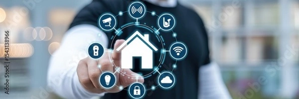 Fototapeta Person interacting with a digital home automation interface.
