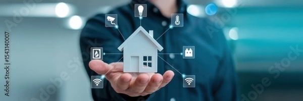 Fototapeta A hand holds a 3d model of a house connected to smart home technology.