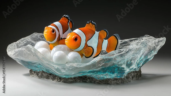Fototapeta Underwater gigapixel scene clownfish pair guarding eggs and demonstrating protective behavior
