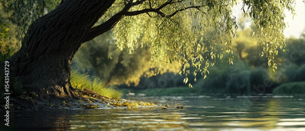 Fototapeta High-fidelity close-up of willow sprout by water's edge - tranquil nature scene