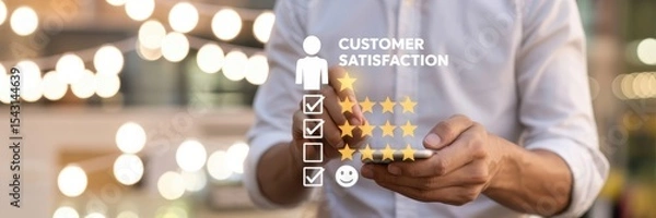 Fototapeta Person interacting with a customer satisfaction interface on a mobile device.