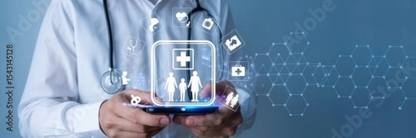 Fototapeta Medical professional holding a device displaying a healthcare interface.
