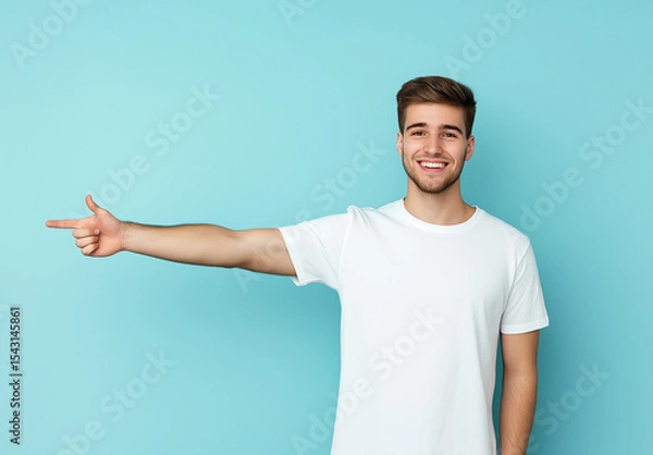 Fototapeta Excited Man in White T-Shirt and Jeans Pointing Left – Advertising Banner Mockup, Blue Background, High-Resolution Stock Photo for Marketing & Promotional Designs