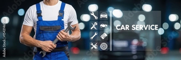 Fototapeta Mechanic holding wrench in front of car service icons.