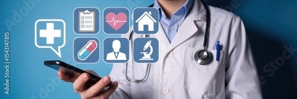 Fototapeta Doctor using a smartphone with medical icons displayed.