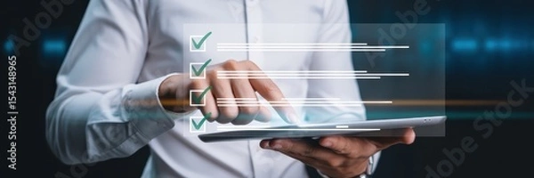 Fototapeta Person using a tablet to check items off a list.