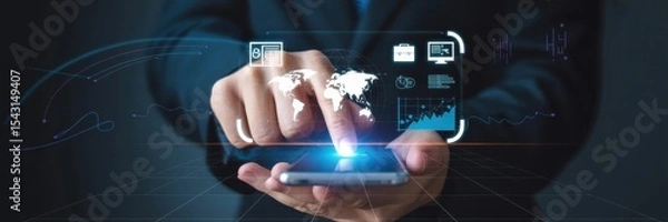 Fototapeta Person using a smartphone with interactive digital interface.