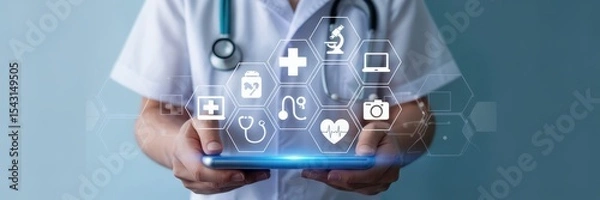 Fototapeta Healthcare professional displaying a digital interface with medical symbols.