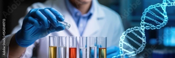 Fototapeta Scientist adding a sample to test tubes in a laboratory setting.