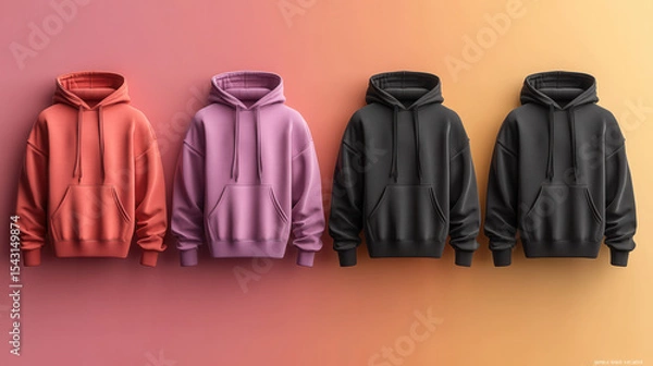 Fototapeta Black hoodie front and back views diagonally placed on soft peach background, with bottom half empty