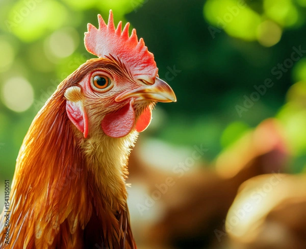 Fototapeta Isa Brown chicken on green background. Poultry background.