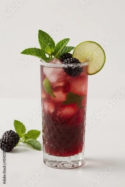 Fototapeta Refreshing Blackberry Mojito with Lime and Mint in Tall Glass