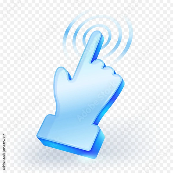 Fototapeta 3D icon glowing blue hand cursor with an extended index finger, depicting click or tap action with ripple effects. Ideal for user interface, interaction, technology and digital design projects.