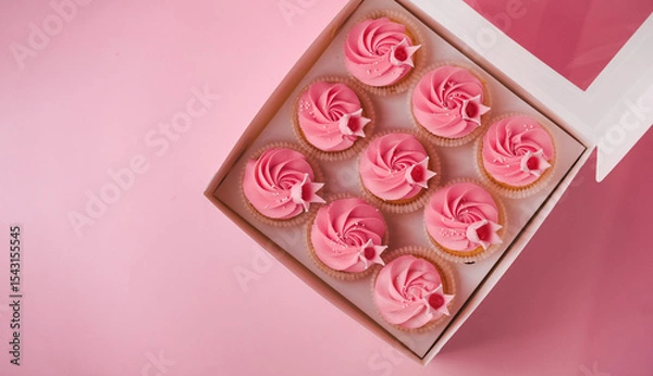 Fototapeta Flat lay of beautiful cupcakes with pink whipped cream cheese topping. A box of birthday cupcakes on a pink pastel background. Festive dessert delivery concept