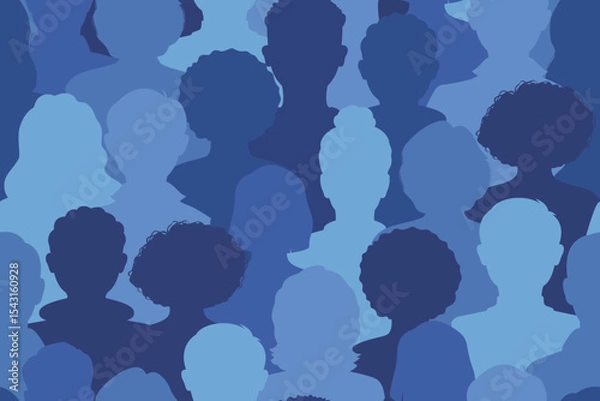 Fototapeta Silhouettes of anonymous diverse people seamless pattern. Multiethnic diversity, community of men and women, group, collective. Vector illustration in blue colors