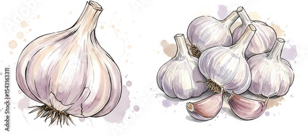 Fototapeta A watercolor style drawing of garlic bulbs with one isolated and a group of them together on transparent background