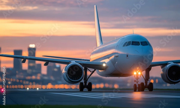 Fototapeta Airplane on runway at sunrise over city