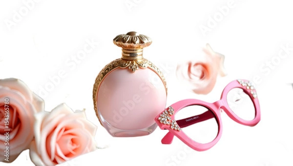 Obraz Scent bottle with flowers and sunglasses on transparent background
