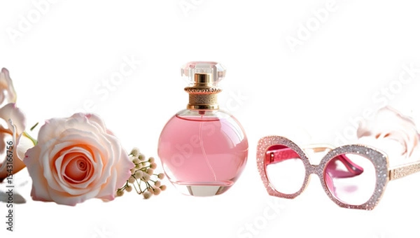 Obraz Scent bottle with flowers and sunglasses on transparent background
