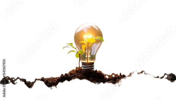 Obraz Creative concept illustration showing a glowing light bulb planted in soil with a green plant sprouting from it—symbolizing eco-innovation, sustainability, and green energy. Isolated on transparent ba
