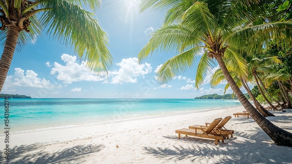 Obraz Tropical beach scene with palm trees and sunlight