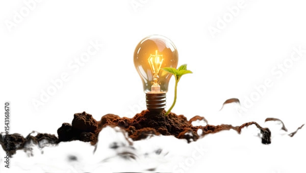 Obraz Creative concept illustration showing a glowing light bulb planted in soil with a green plant sprouting from it—symbolizing eco-innovation, sustainability, and green energy. Isolated on transparent ba