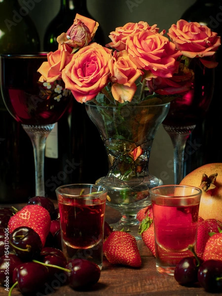 Obraz Still life with rose flowers, summer fruits, bottles of wine and a glass of wine. Pomegranate, cherry, sweet cherry, strawberry and watermelon. Alcohol. The still life is stylized as an old painting.
