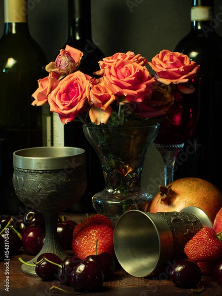 Obraz Still life with rose flowers, summer fruits, bottles of wine and a glass of wine. Pomegranate, cherry, sweet cherry, strawberry and watermelon. Alcohol. The still life is stylized as an old painting.