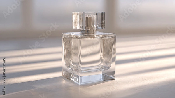 Obraz Clear glass perfume bottle with elegant design on table