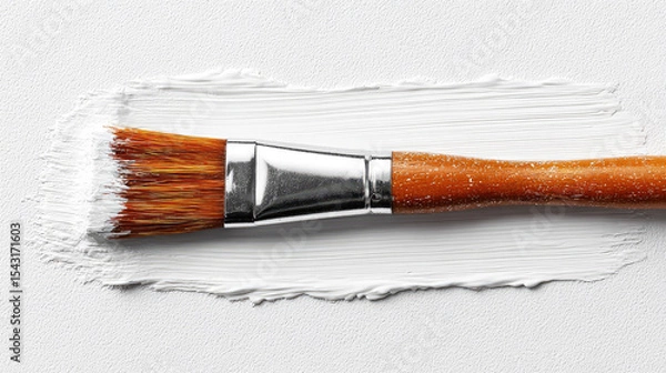 Obraz Paintbrush with wooden handle applying white paint textured surface
