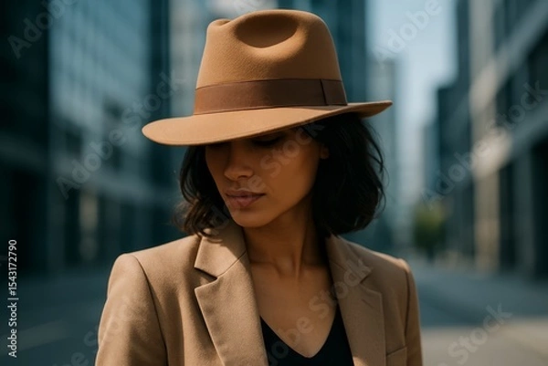 Fototapeta Stylish woman wearing a hat while walking in an urban setting on a bright sunny day