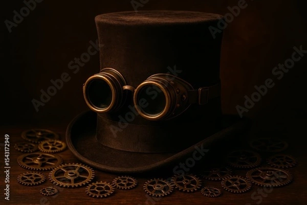 Fototapeta Vintage steampunk top hat with goggles and gears on a dark wooden surface in a workshop setting