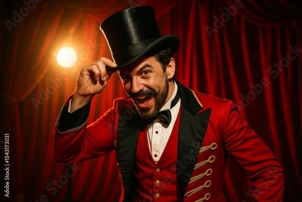 Fototapeta Performer in a red and black suit tipping hat under stage lights in a vibrant setting with red curtains