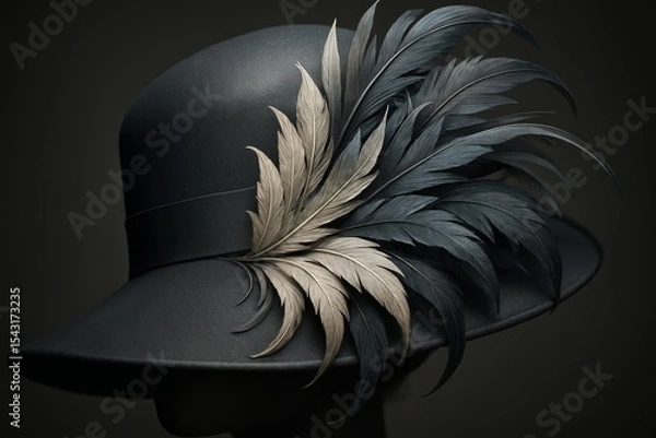 Fototapeta Elegant black hat adorned with striking feathers displayed against a dark background