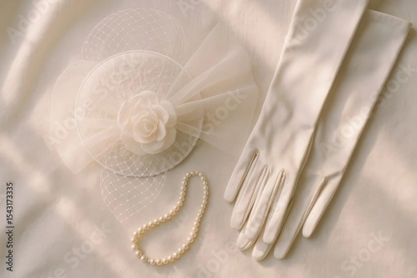 Fototapeta Elegant white accessories including a hat, gloves, and pearls arranged on a soft fabric background for a special occasion