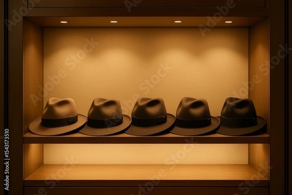 Fototapeta Collection of elegant hats displayed on a well-lit wooden shelf in a stylish boutique setting