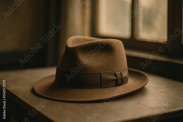 Fototapeta Vintage brown hat resting on a wooden table beside a window with soft light filtering through