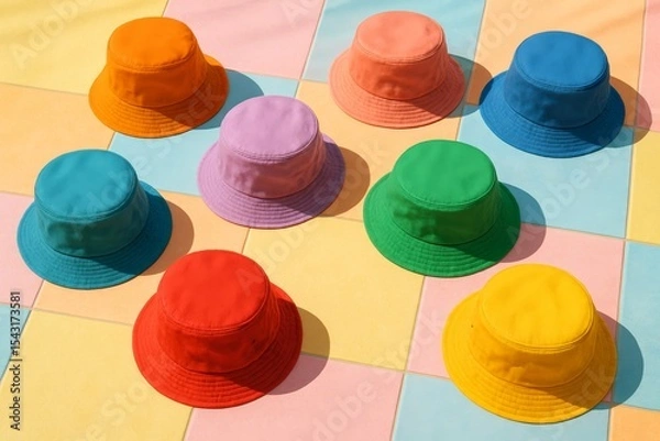 Fototapeta Colorful hats arranged on a vibrant pastel surface in a playful display during a sunny day