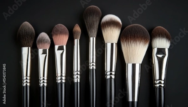 Fototapeta Various makeup brushes arranged in a row on a black background.  Different brush shapes and sizes.  Brushes are professional-quality, with silver-toned ferrules and black handles