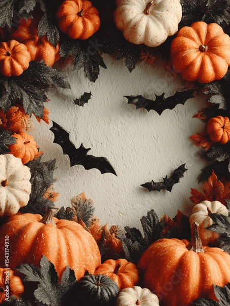 Obraz Udekorowana dyniami i liśćmi ramka z nietoperzami w tle, idealna na Halloween. Tajemnicza i świąteczna atmosfera czeka!