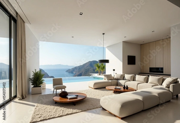 Fototapeta Bright and airy living room features a spacious layout with contemporary furniture. Large windows offer breathtaking views of the tranquil ocean and distant mountains at dawn Generative AI