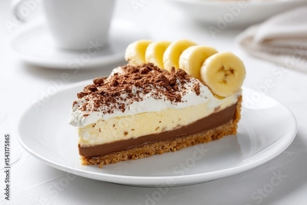 Obraz Delicious banoffee chocolate tart slice with cream and fresh banana for popular dessert.