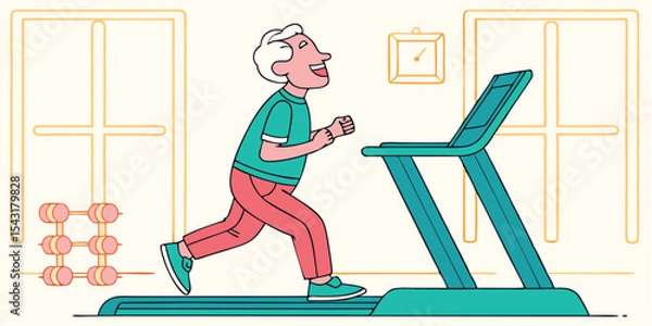 Obraz Illustration of a joyful senior man exercising on a treadmill indoors in his home