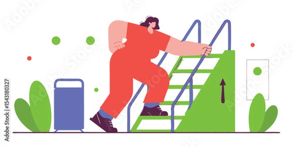 Obraz A woman in red climbing bright green stairs with blue handrails
