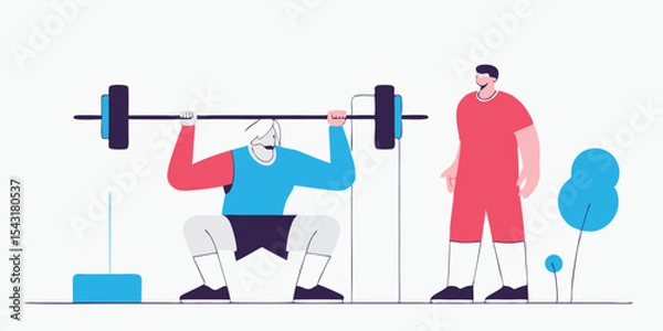Obraz Illustrated weightlifter performing a squat with a coach watching, minimalist style