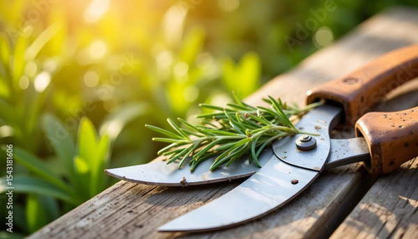 Fototapeta Gardening scissors with rosemary sprig on wooden table in sunlight  