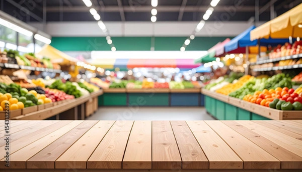 Obraz Brightly Lit Grocery Store Interior with Long Produce Section and Wooden Shelves