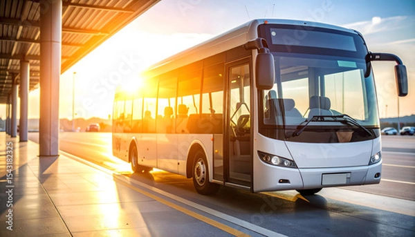 Obraz Modern Passenger Bus at Sunset Bus Stop Reflecting Warm Light