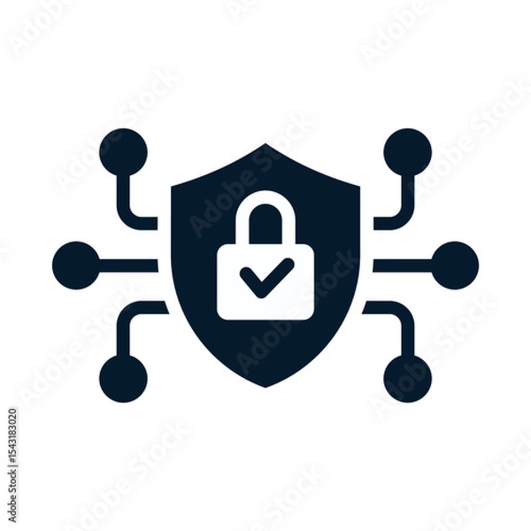 Fototapeta Shield, lock, microcircuit. Cyber ​​protection concept. Vector linear icon isolated on white background.