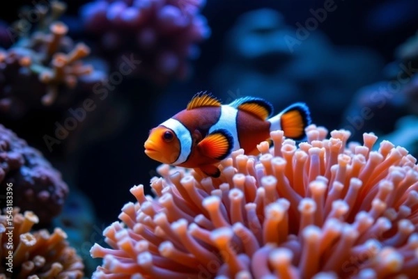 Fototapeta clownfish and anemone under radiant glow, crimson tones, photo use, 4k sharp professional photo.